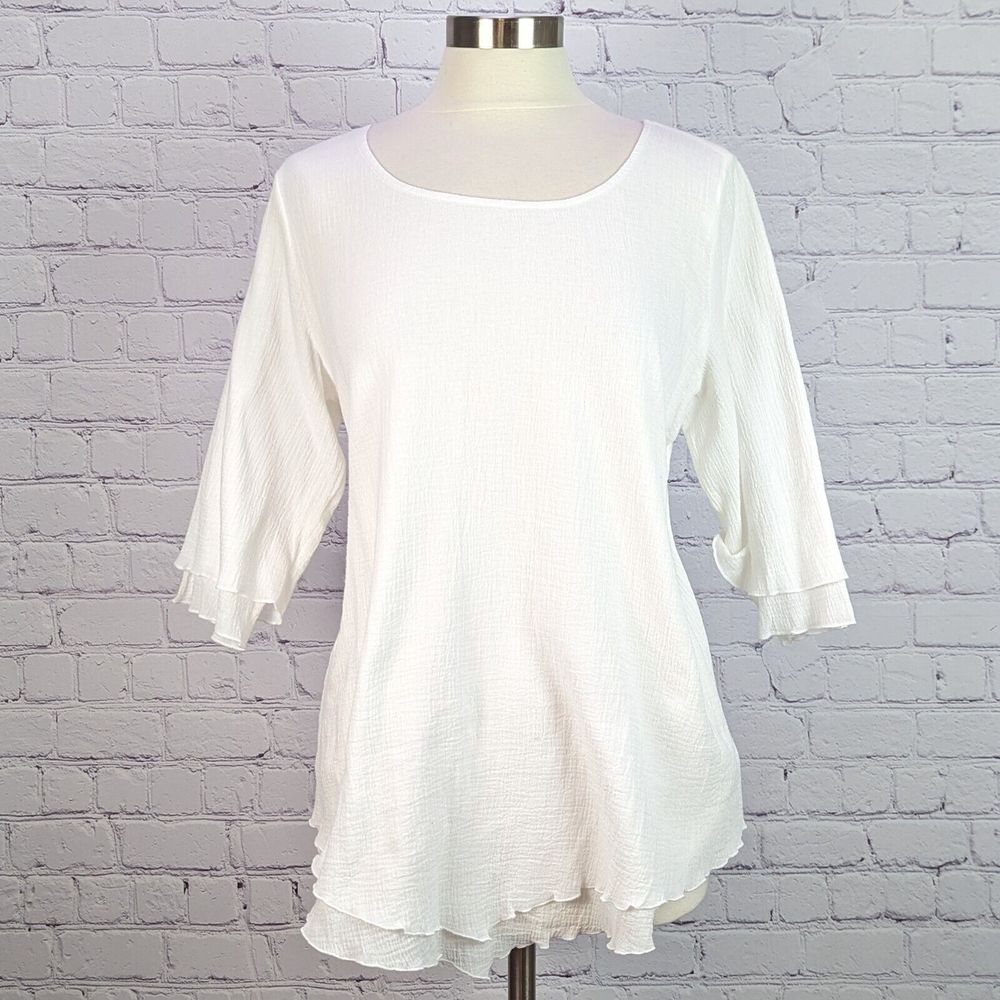 Soft Surroundings Size Medium White 100% Cotton Gauze Layered Top 3/4 Sleeve